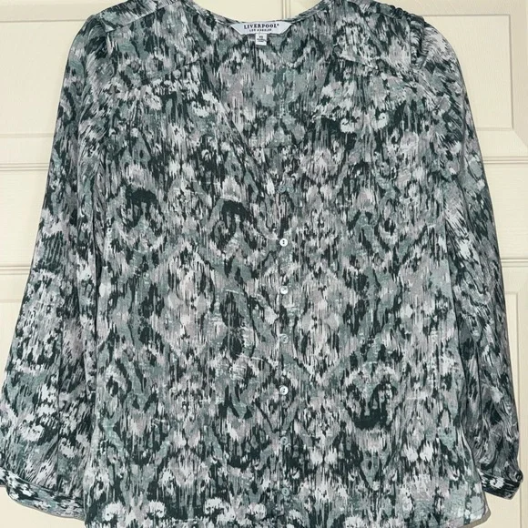 Liverpool Teal and White Abstract Blouse - Picture 3 of 5